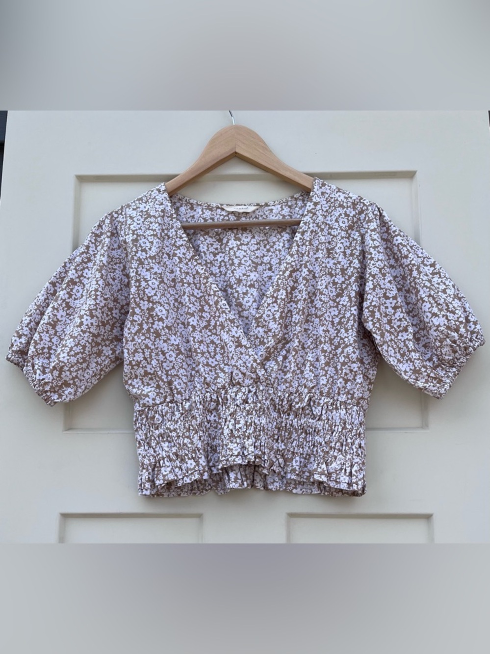 Sim & Sam Cottagecore Floral Smocked Waist V-Neck Top - Beige/White 100% Cotton
